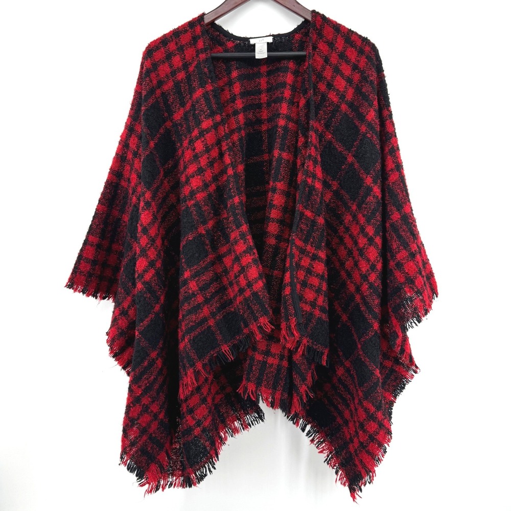 J. Jill Poncho Women S-L Red Black Plaid Fringe Open Front Wrap Cape Holiday